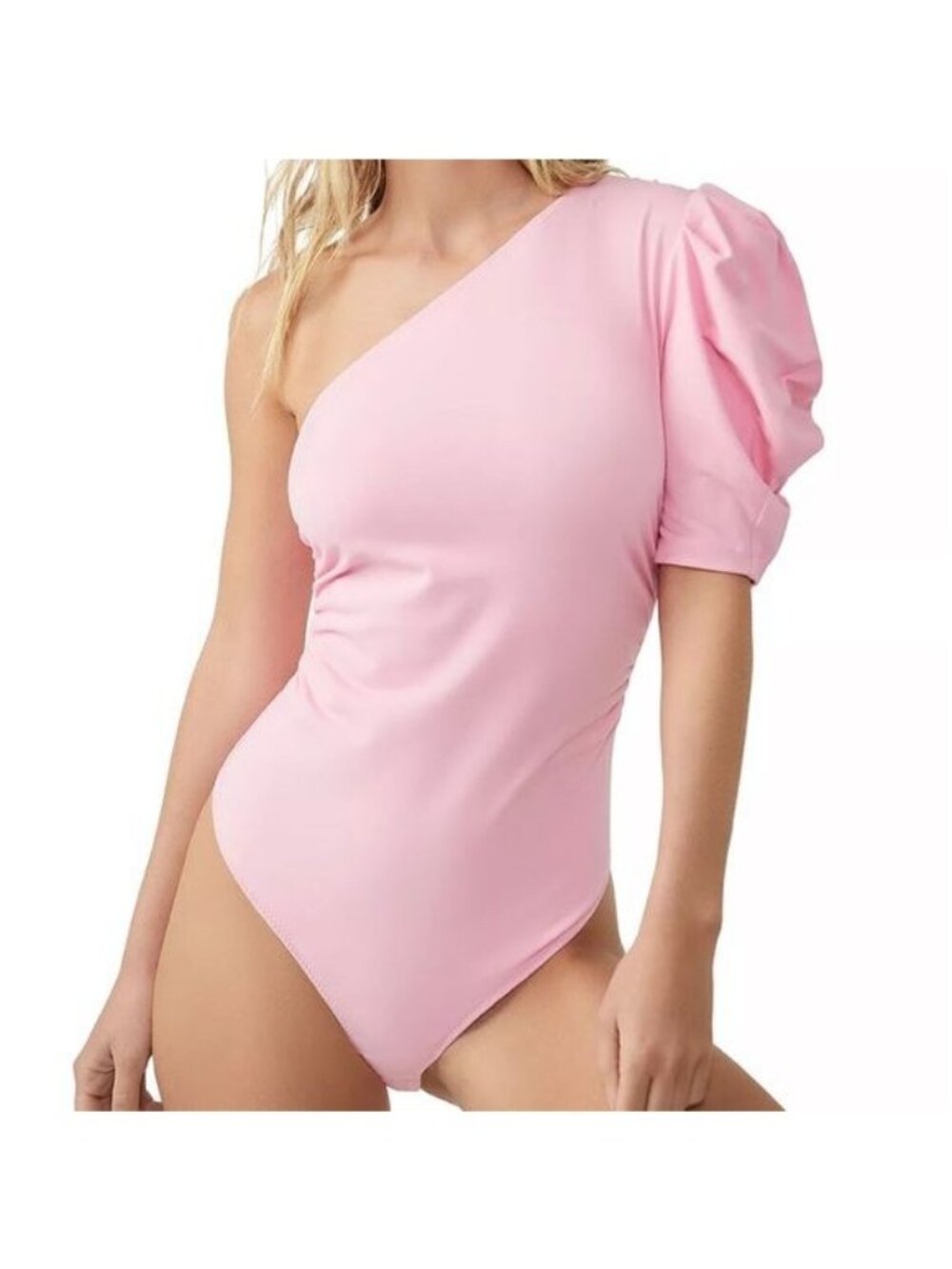 INTIMATELY FREE PEOPLE Something Bout You Pink Puff Sleeve Bodysuit Sz L NEW